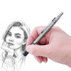 A hand holds a metal mechanical pencil set with precision leads while drawing a portrait.