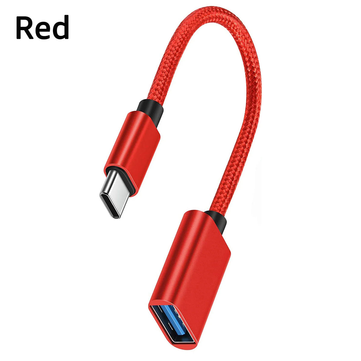 Red USB-C to USB-A OTG adapter cable with a flexible red cord and a square connector.
