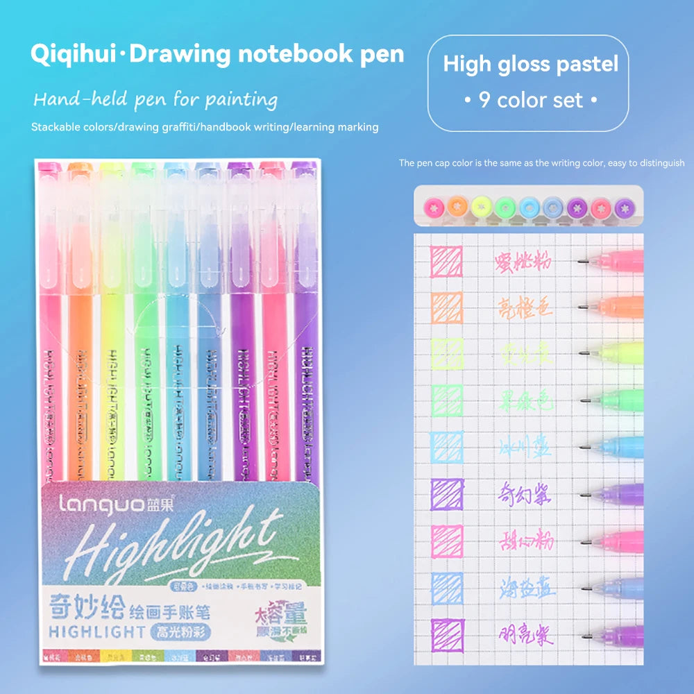 A set of colorful Qiqihui drawing notebook pens and high gloss pastel pens for painting and marking.
