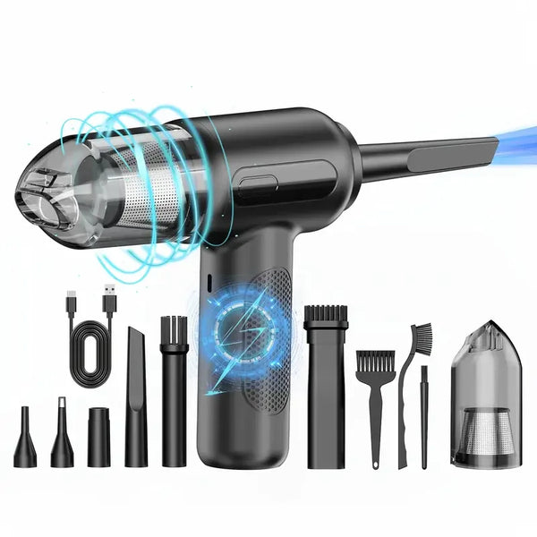 A black cordless air duster and blower tool with various attachments for cleaning electronics.