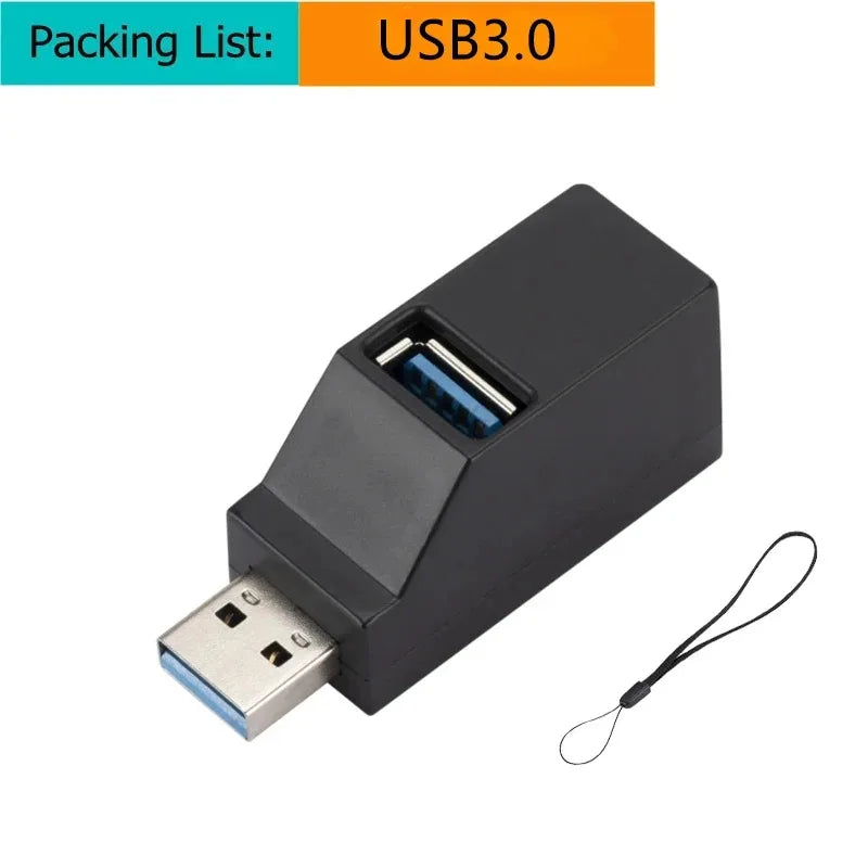 A black USB 3.0 multi-port hub with a Type-C power port and a cable.