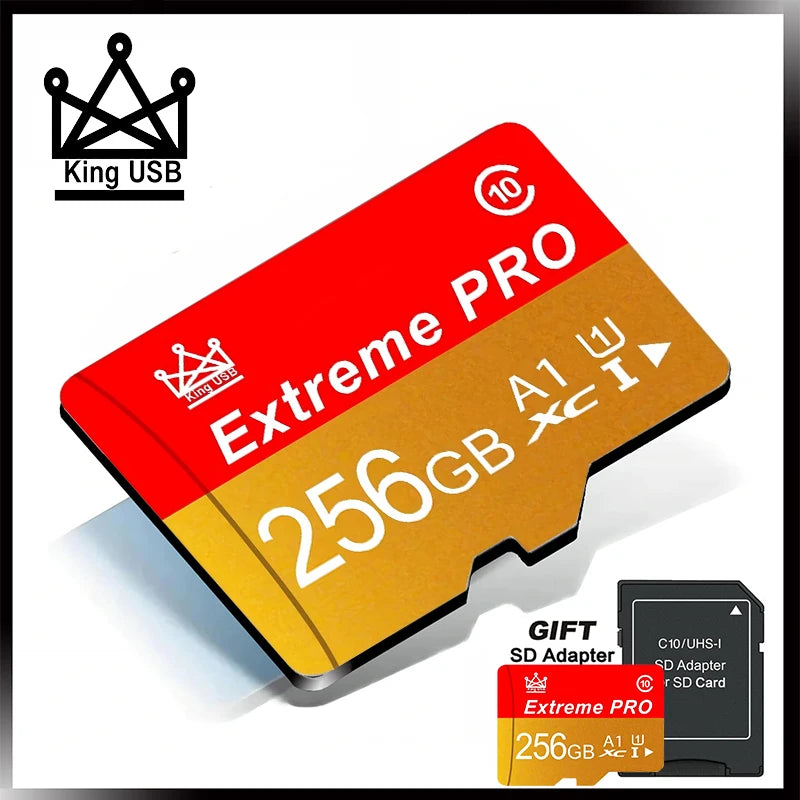محول بطاقة SD أحمر وبرتقالي Extreme PRO بسعة 256 جيجابايت مع شعار King USB ظاهر.