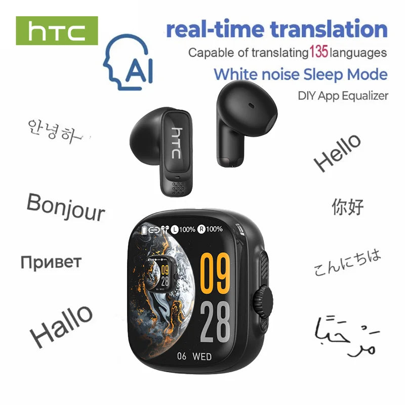 AI-powered translator earbuds and case demonstrating real-time translation between English, French, Russian, and Arabic.