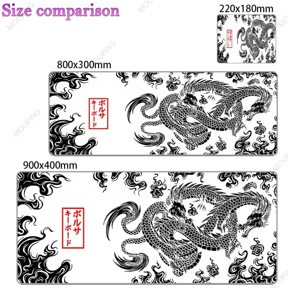 A black and white Japanese dragon design desk mat, measuring 800x300mm and 900x400mm.