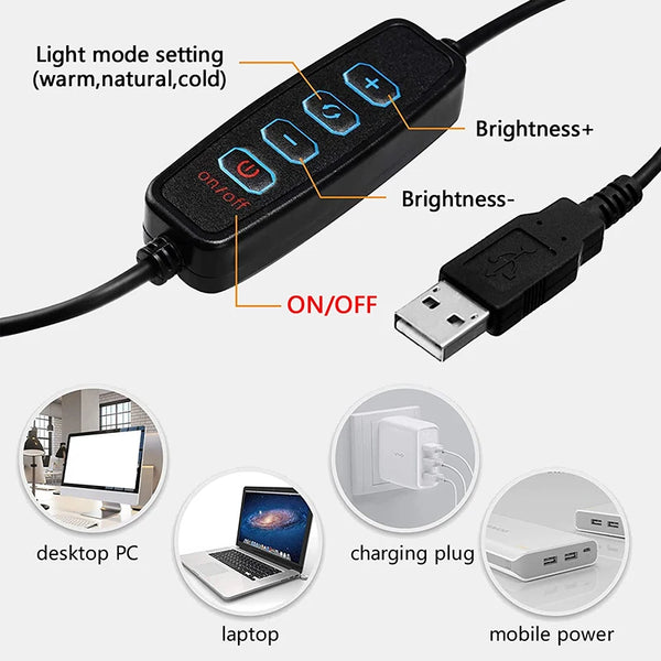 A black LED light panel with controls and a connector, shown alongside various devices like a desktop PC, laptop, and mobile 