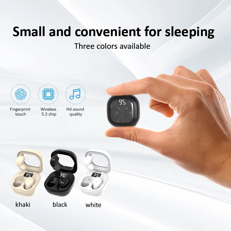 A hand holds a small black Bluetooth earphone, with variations in khaki, black, and white colors displayed below.