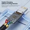 A close-up view of a 20W PD fast charging cable with a connector and wires resting on a technical blueprint background.