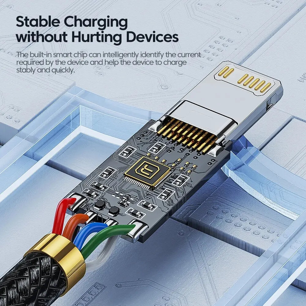 A close-up view of a 20W PD fast charging cable with a connector and wires resting on a technical blueprint background.