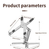 A silver 360° adjustable laptop and tablet stand shown with various dimensions.