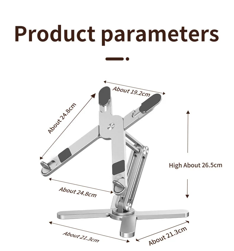 A silver 360° adjustable laptop and tablet stand shown with various dimensions.