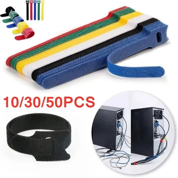 Reusable nylon cable organizer ties in various colors and a black wrist strap for cord management