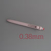 A close-up view of a light pink precision gel pen with quick-drying ink, showing its size as 0.38mm.