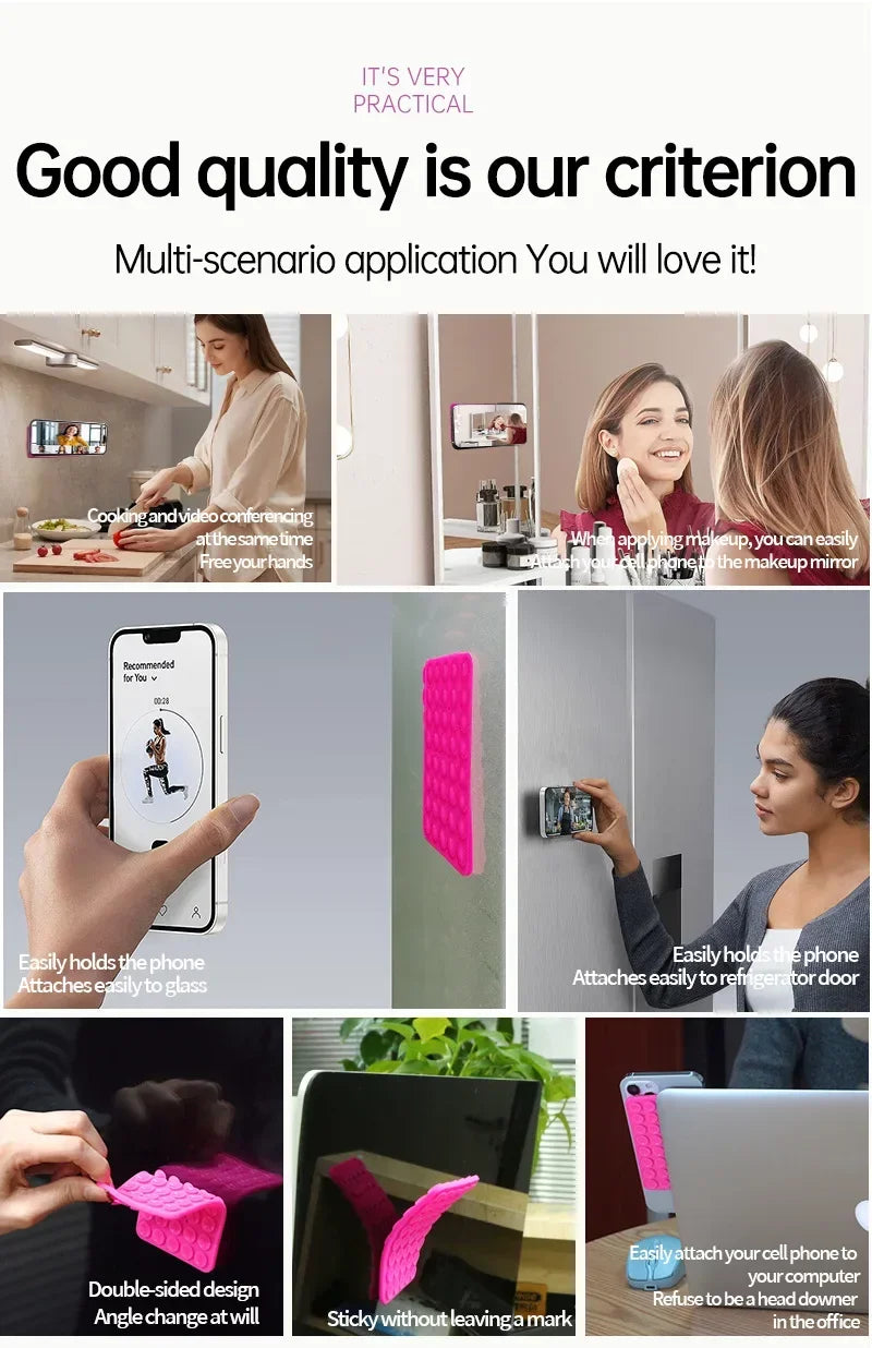Silicone suction cup phone holder attaches easily to glass and refrigerator doors.