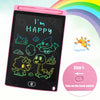 A pink LCD writing tablet displaying the text I'm HAPPY and various colorful dinosaur and animal drawings.