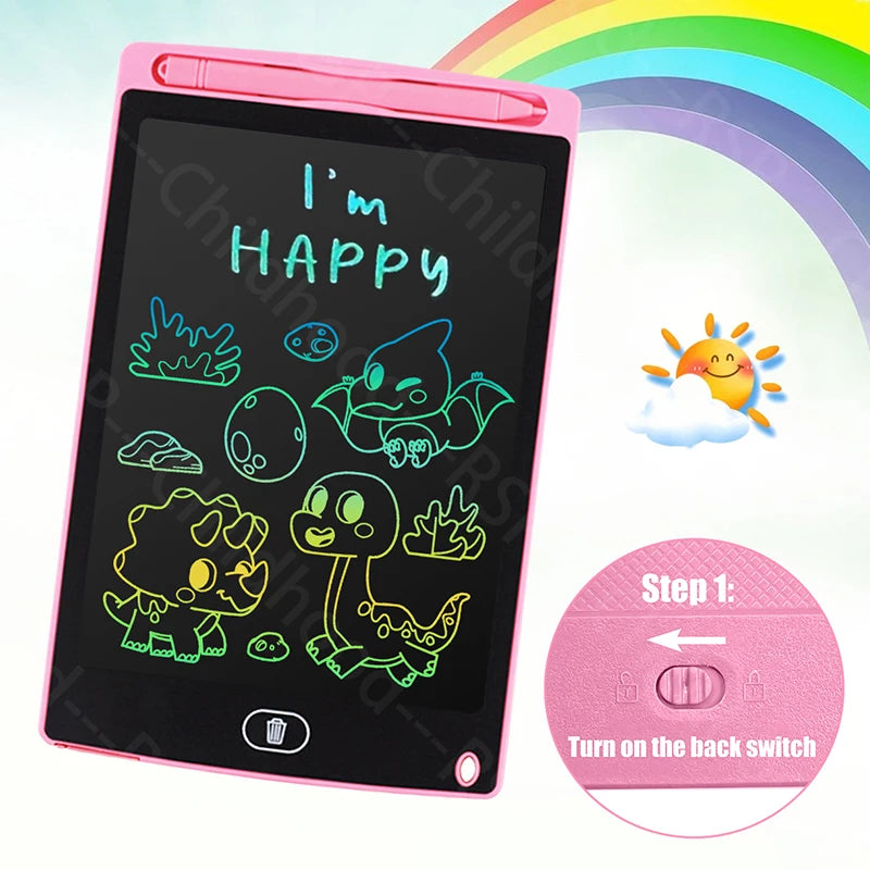 A pink LCD writing tablet displaying the text I'm HAPPY and various colorful dinosaur and animal drawings.