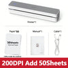 A compact gray thermal receipt printer with a white body, showing accessories like paper sheets, a manual, and a cable.