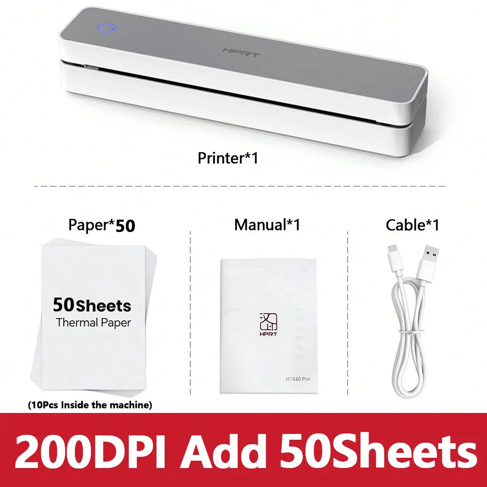 A compact gray thermal receipt printer with a white body, showing accessories like paper sheets, a manual, and a cable.