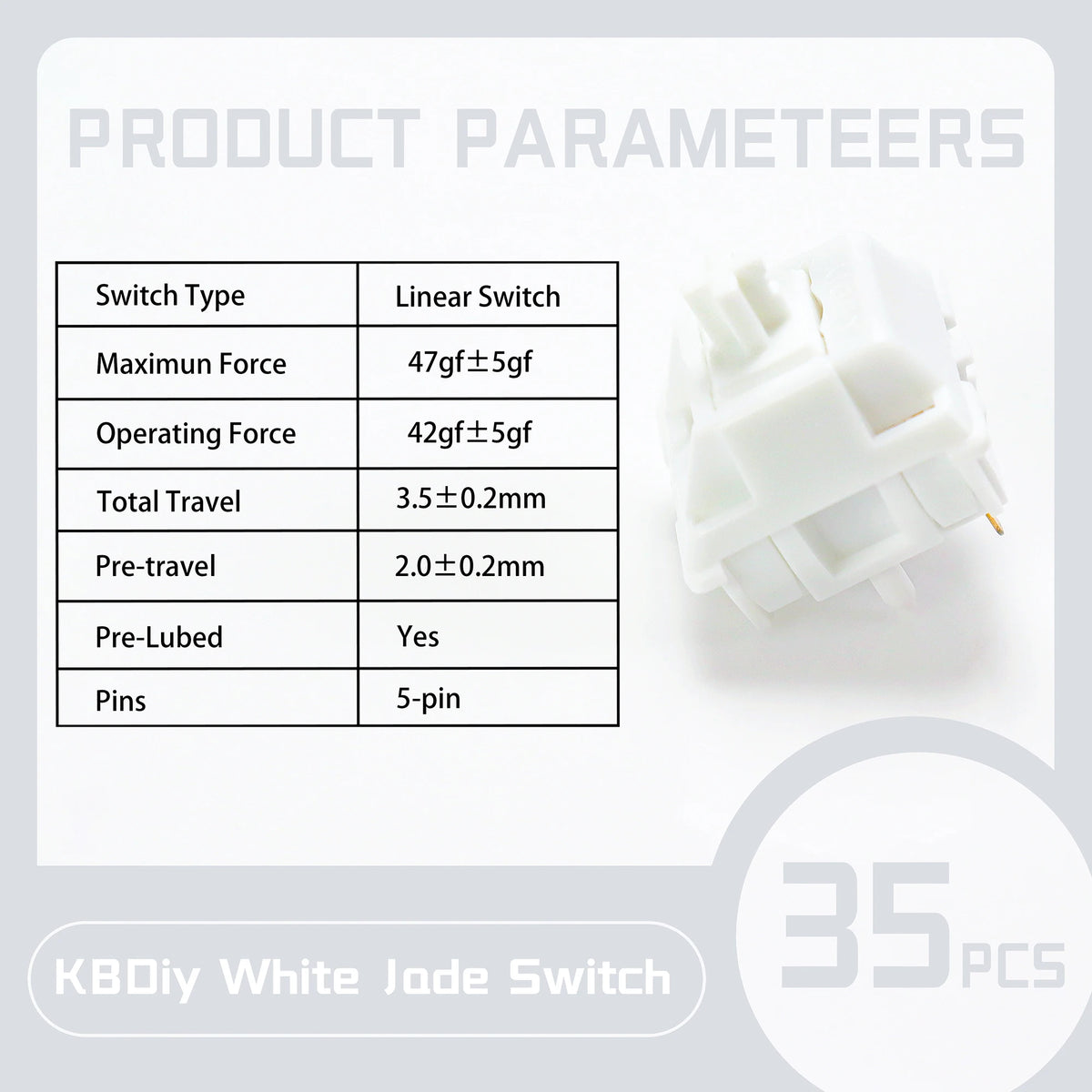 White Jade linear mechanical keyboard switch with technical parameters listed.