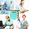 A collection of images showing medical professionals using an A4 foldable medical clipboard for patient documentation.