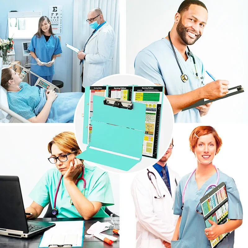 A collection of images showing medical professionals using an A4 foldable medical clipboard for patient documentation.
