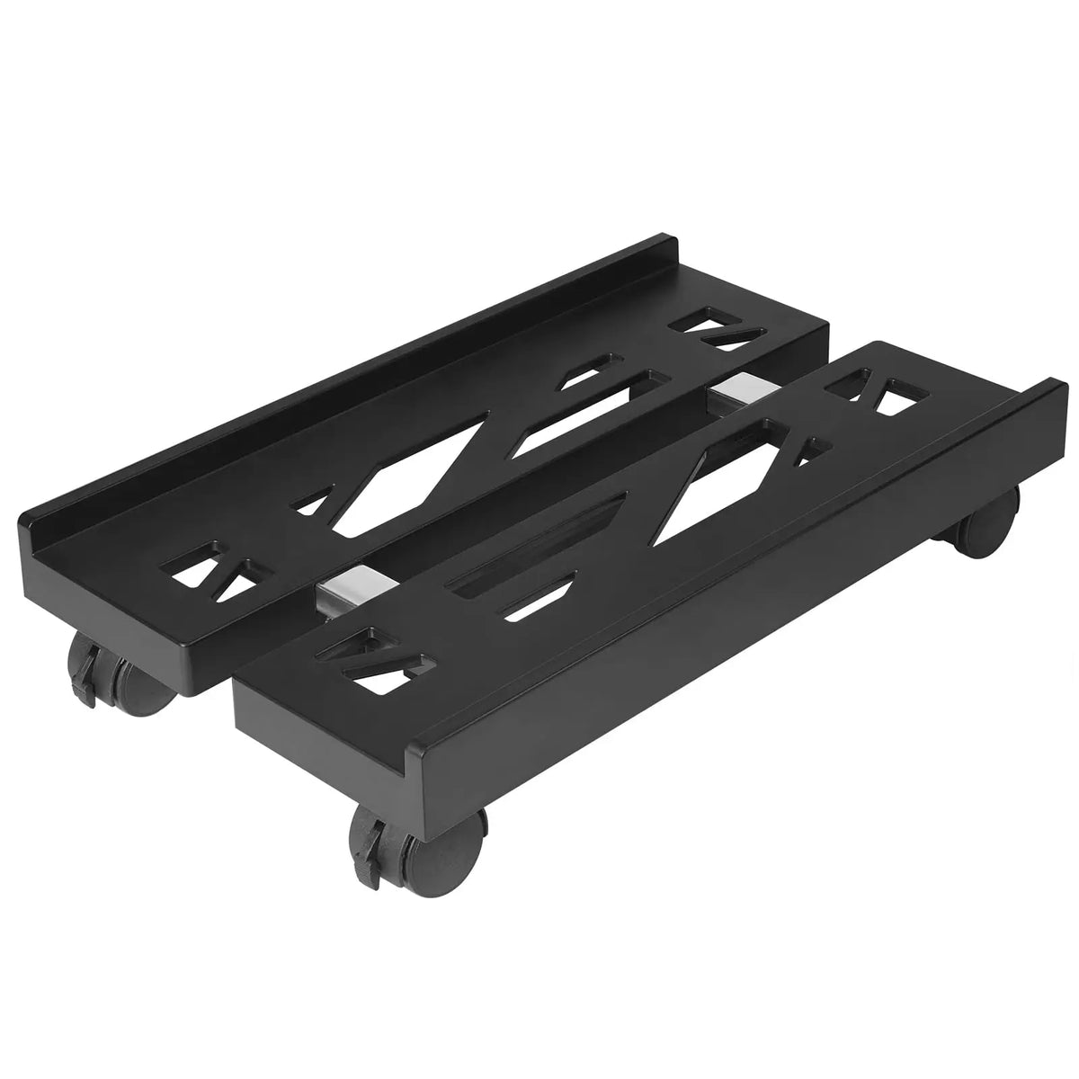 Black adjustable PC tower stand with caster wheels for mounting and mobility.