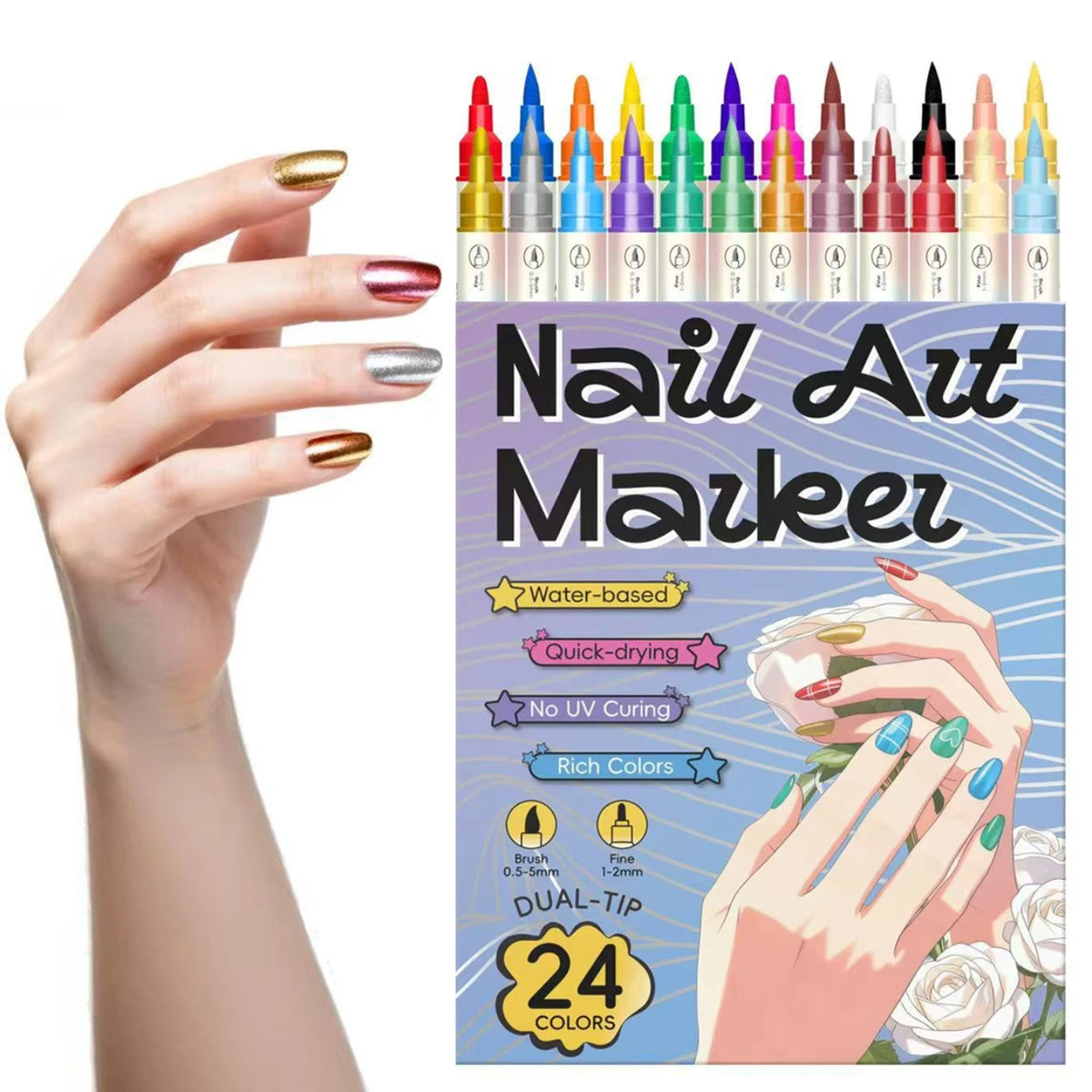 A hand holds a set of 24-color dual-tip nail art markers featuring various metallic shades.
