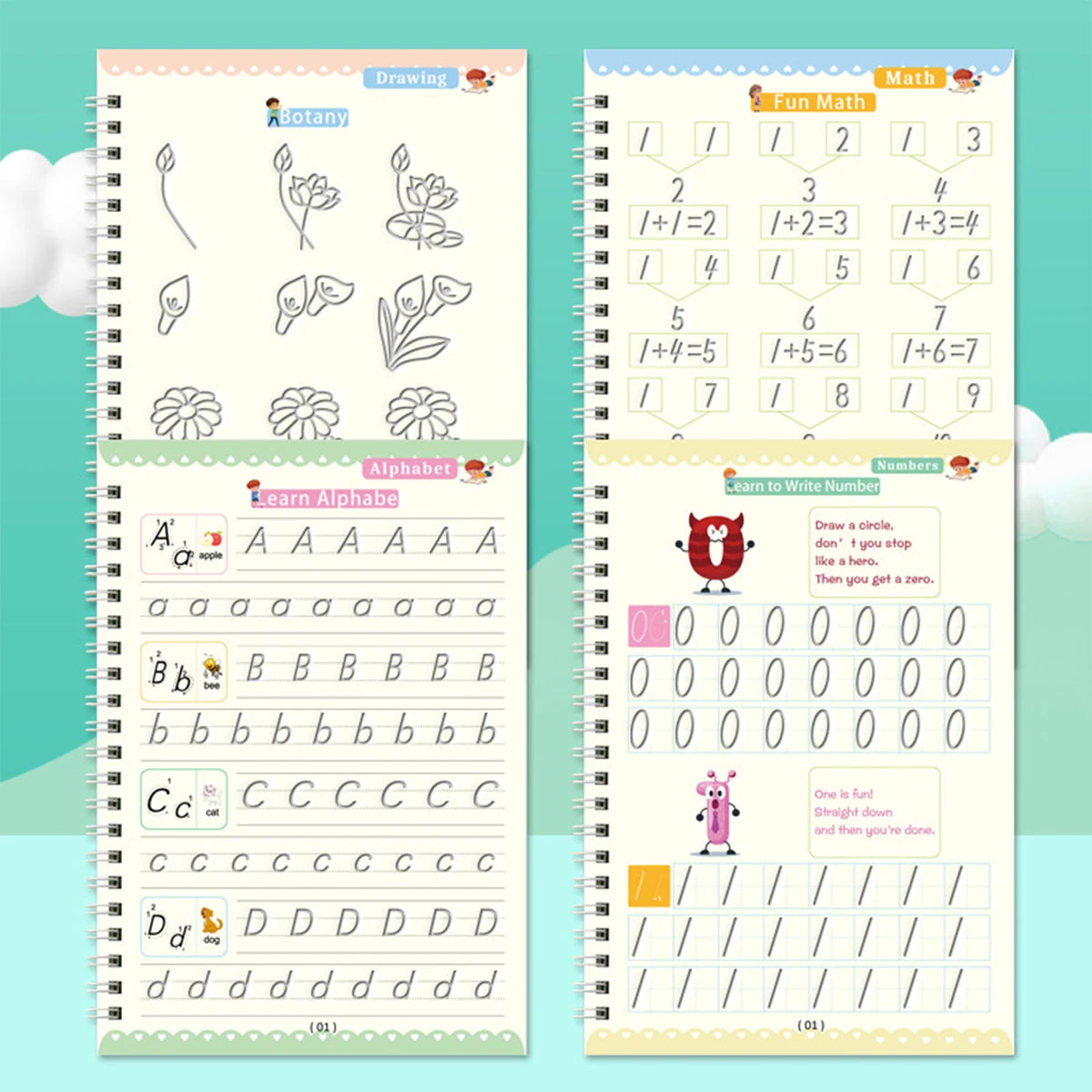 A set of four colorful drawing and math exercise notebooks for children
