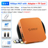 An orange high-speed NVMe SSD to USB hub dock with various adapters and a TF card visible.