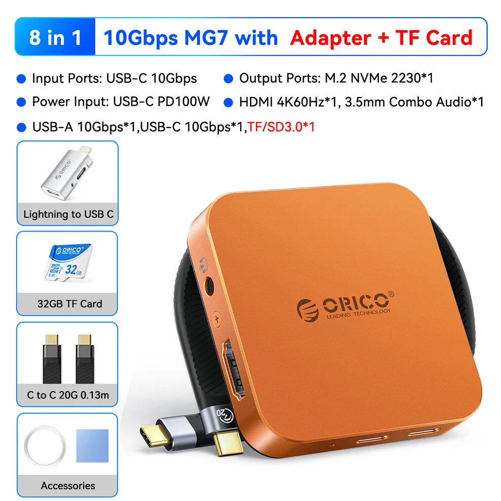 An orange high-speed NVMe SSD to USB hub dock with various adapters and a TF card visible.