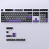 A close-up view of a dark blue PBT keycap set for a mechanical keyboard, showing various keys and modifiers.