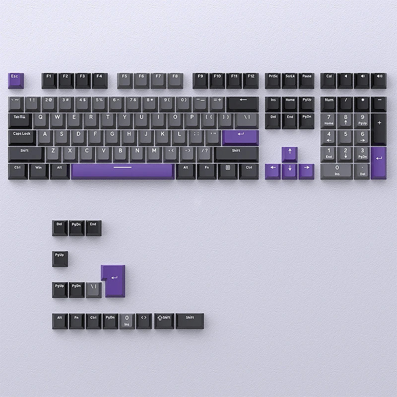 A close-up view of a dark blue PBT keycap set for a mechanical keyboard, showing various keys and modifiers.