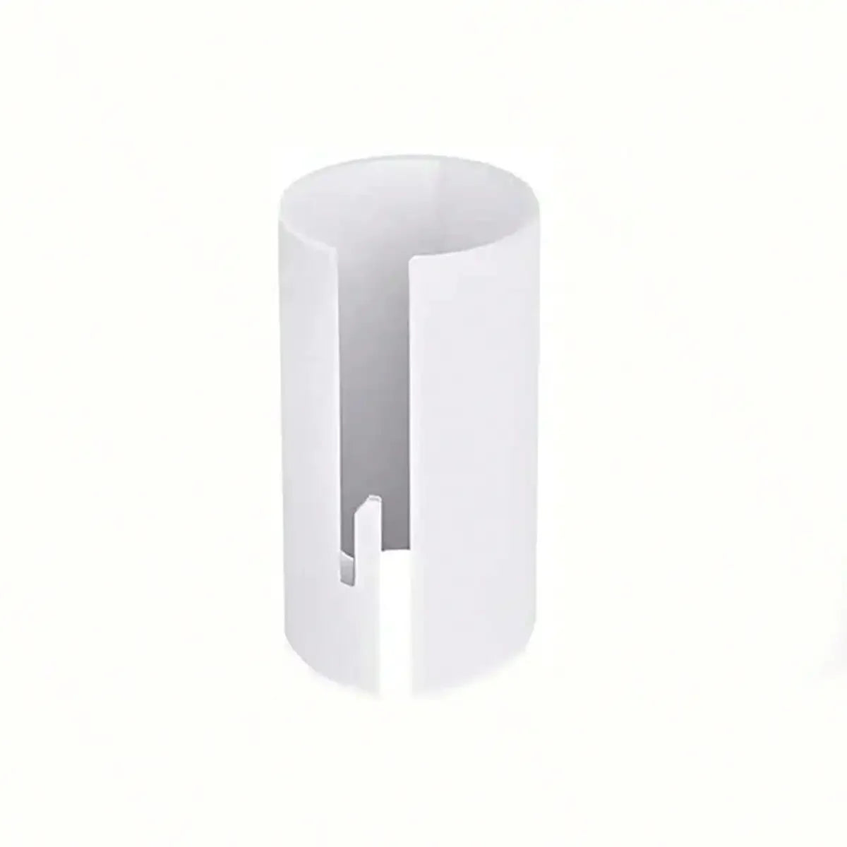 A white portable plastic wrapping paper cutter with a slotted design.