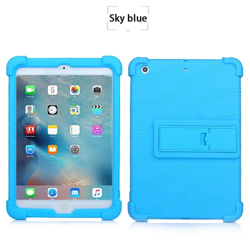 Cubierta de silicona azul para soporte de iPad Mini, mostrando la parte frontal y trasera.