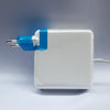 A white universal DC power adapter with a blue connector and cable, shown against a light gray background.