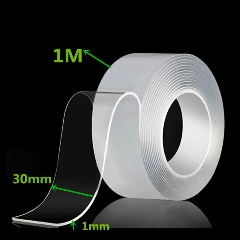 Roll of clear double-sided nano tape with a 30mm width and 1mm thickness shown on a dark background.