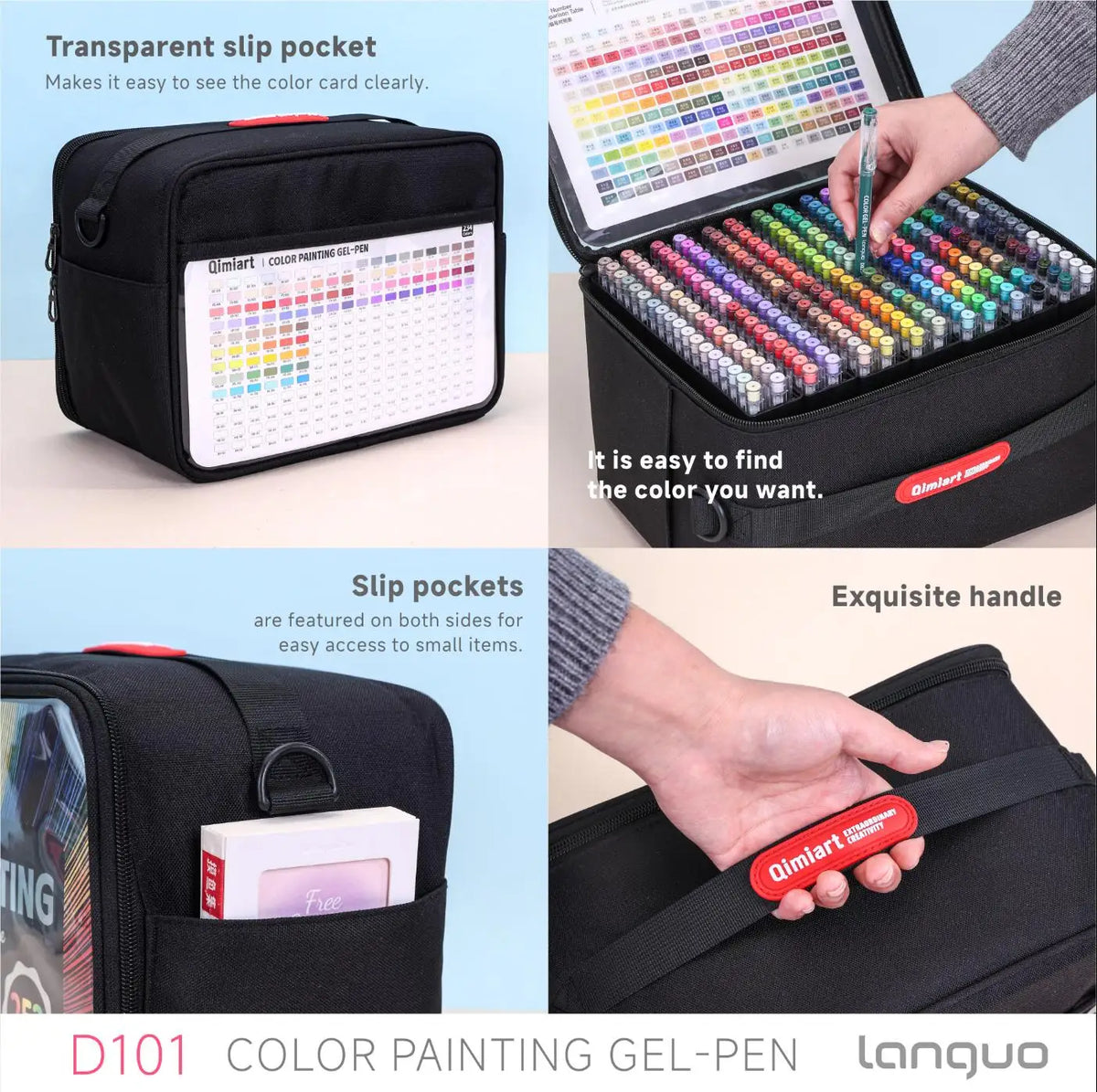 A black paint set featuring a transparent slip pocket, slide pockets, and an exquisite handle for easy access.