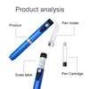 Product analysis showing a blue reusable injection pen, a pen holder, and a scale table.