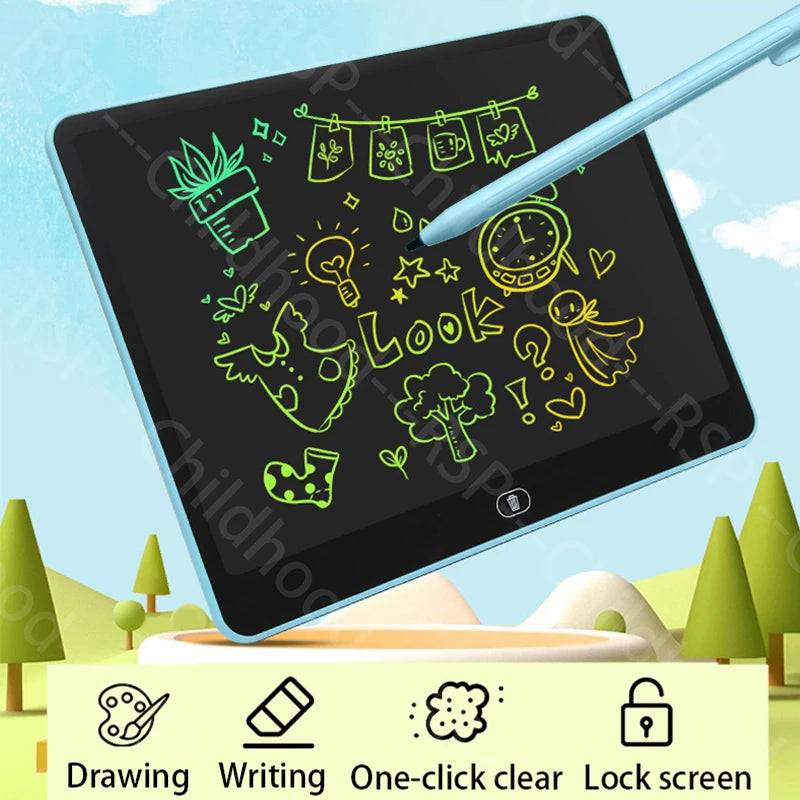 A digital drawing tablet screen displaying green doodles and a pencil writing on the surface.