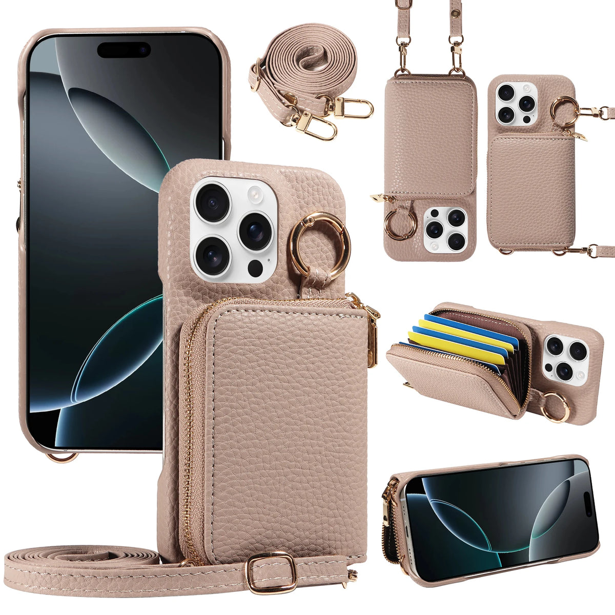 A beige PU leather phone case featuring a built-in wallet and card slots, shown with various accessories.
