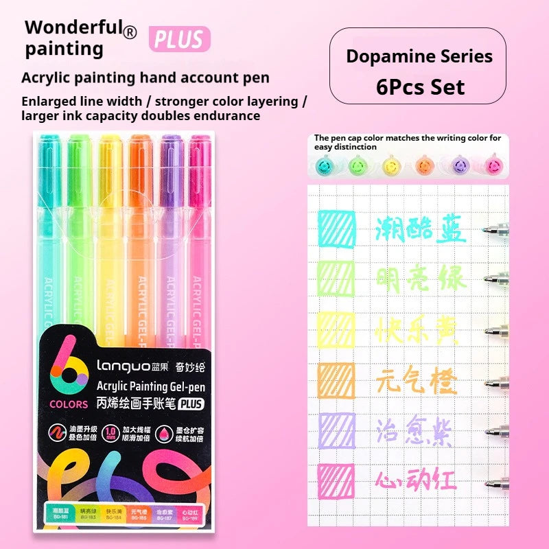 A set of six multi-color acrylic painting gel pens in a box with instructions and color matching chart