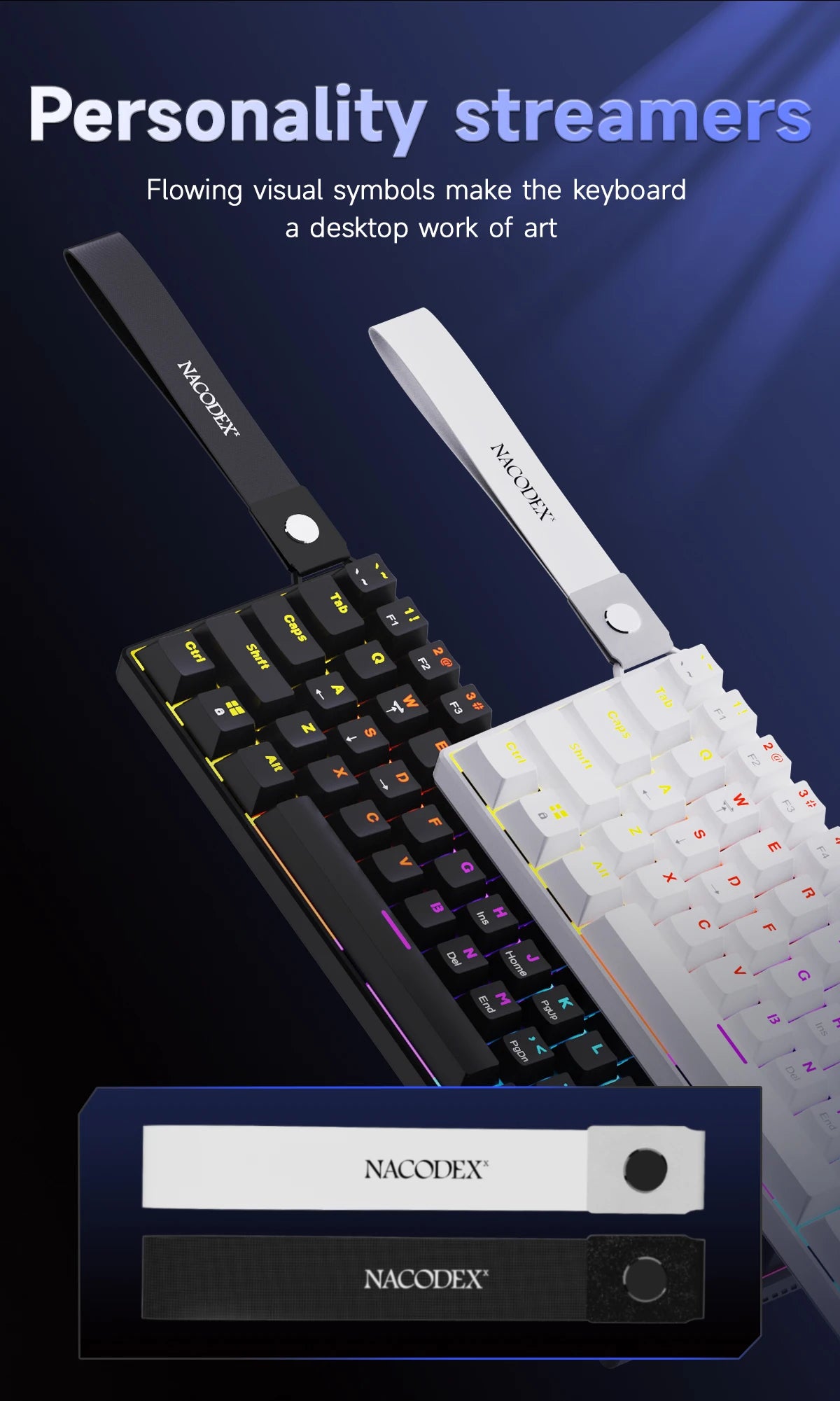 A close-up of a black and white mechanical keyboard with flowing visual symbols on the keycaps and a branded mouse shown next