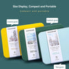 A set of watercolor postcards in yellow, green, and light blue, highlighting size display, compact, and portable features.