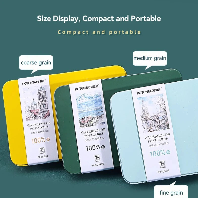 A set of watercolor postcards in yellow, green, and light blue, highlighting size display, compact, and portable features.