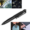 A black tactical self-defense pen with a glass breaker tip is shown alongside instructions and usage context.