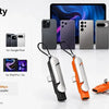 A wide compatibility charging adapter and phone stand is shown with various USB-C phones, tablets, laptops, and chargers.