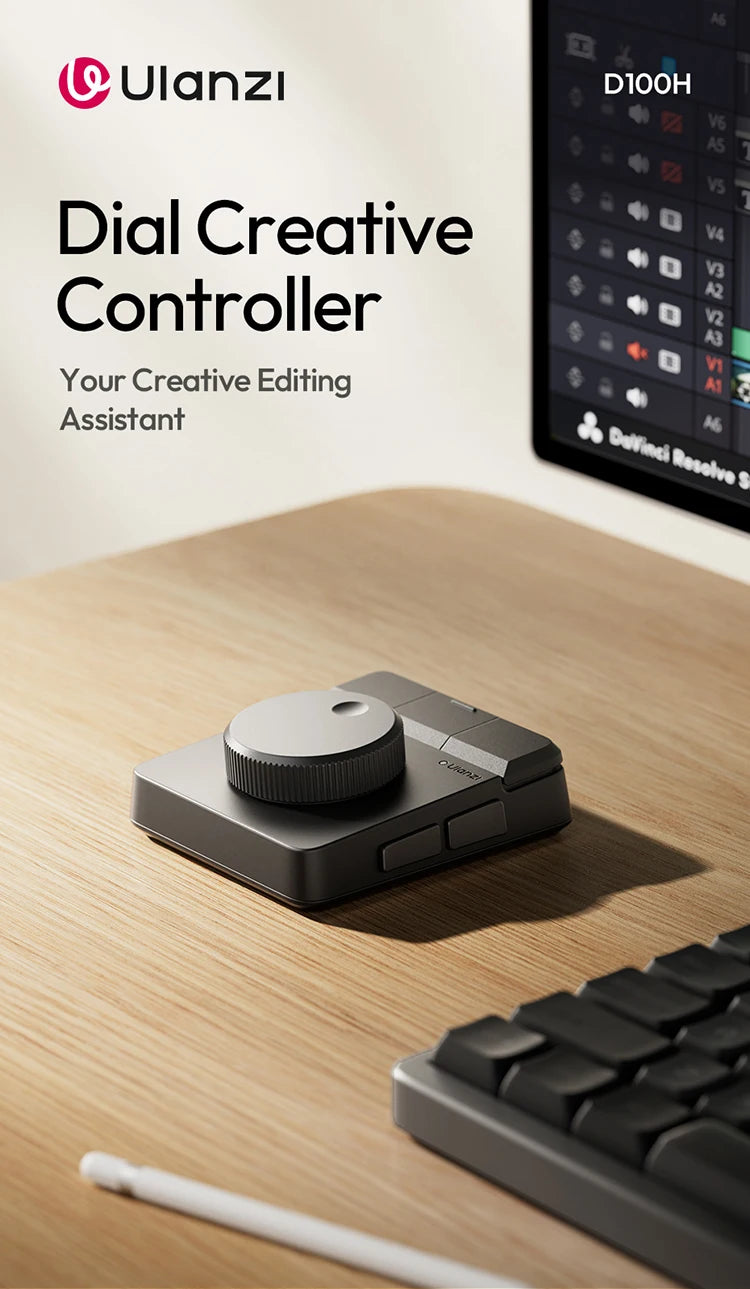 Dispositivo controlador Dial Creative de Ulanzi D100H sobre un escritorio de madera junto a un teclado.