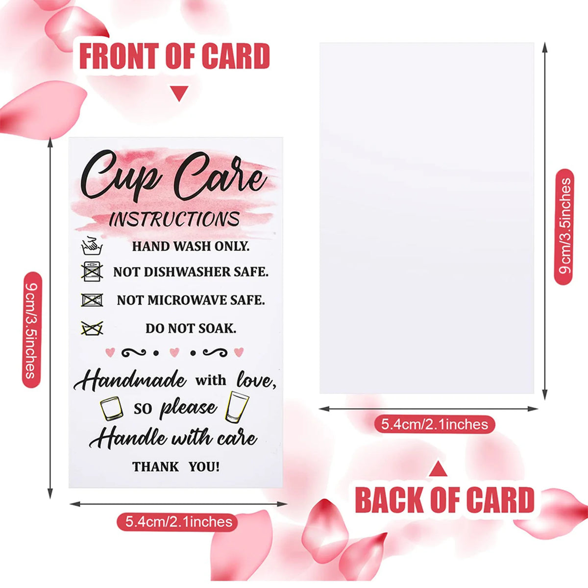 Front and back of card showing cup care instructions for a tumbler or cup.