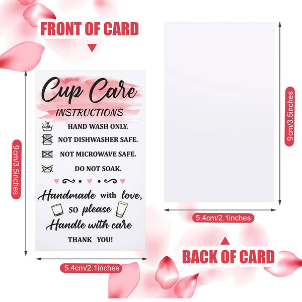 Front and back of card showing cup care instructions for a tumbler or cup.