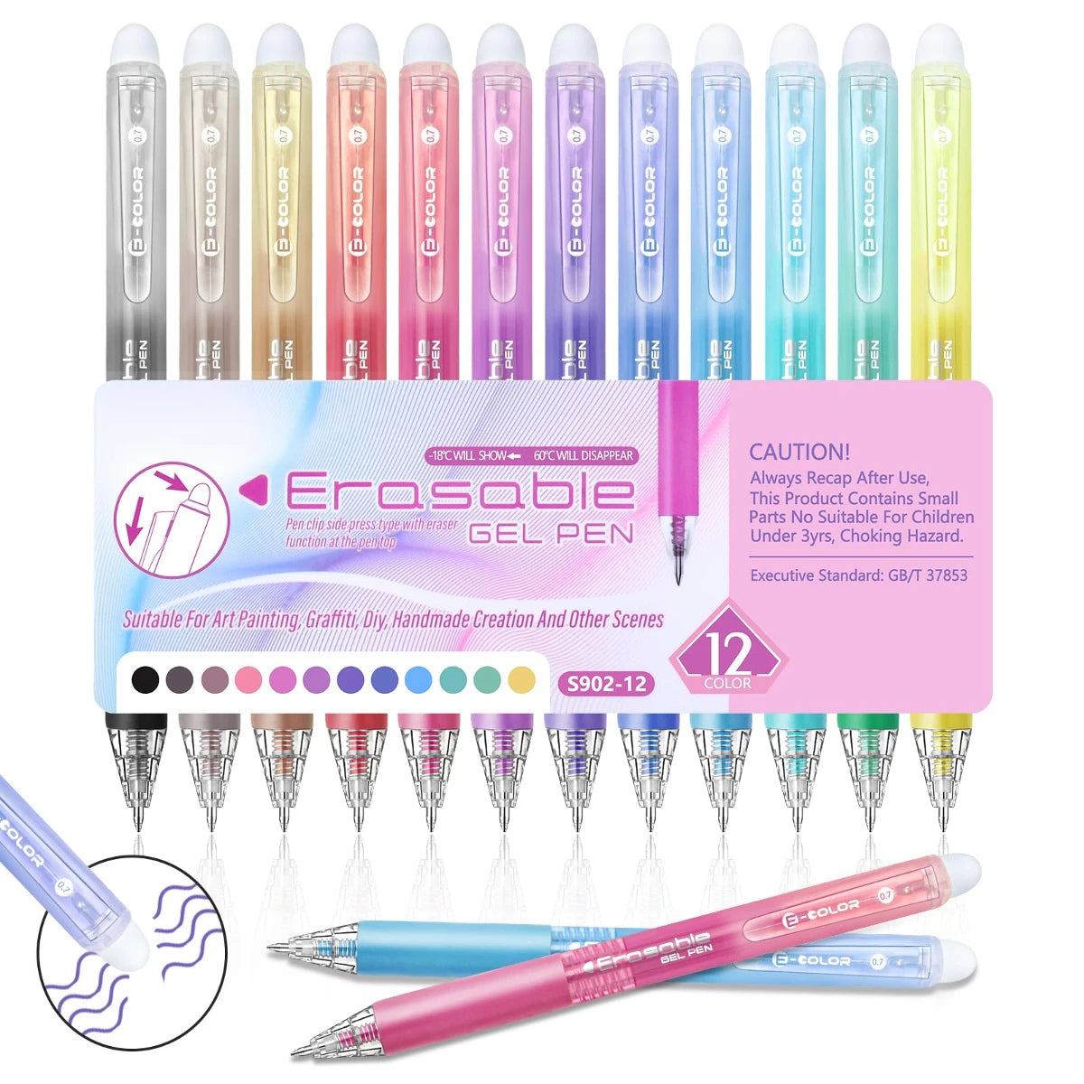 A set of 12 erasable gel pens in various colors and shades displayed in a box.