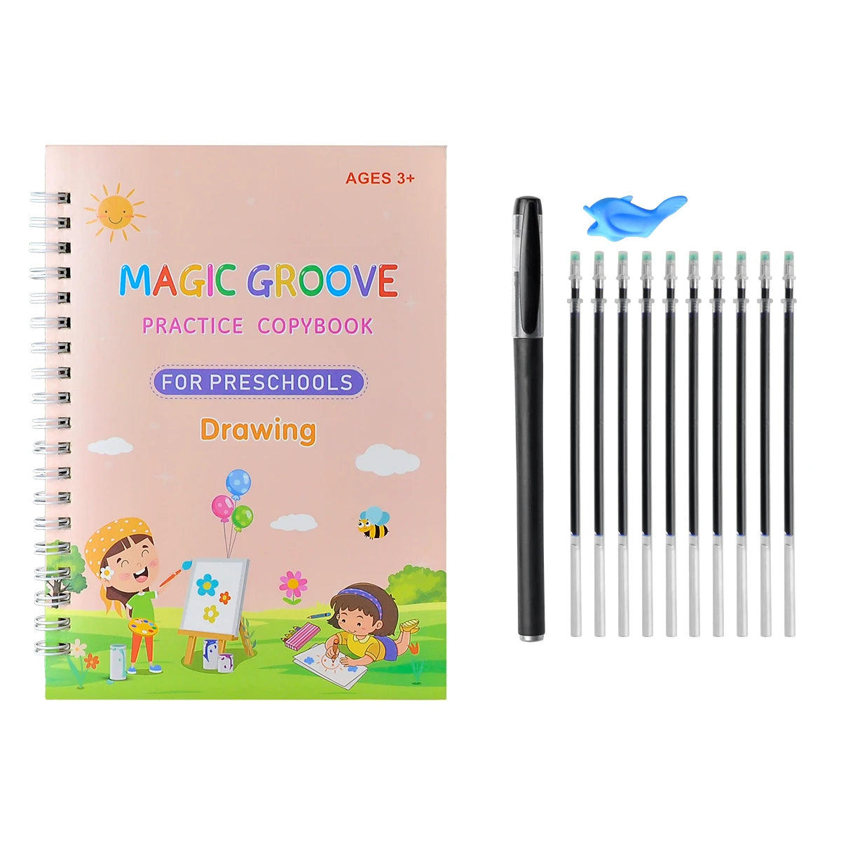 A pink notebook titled Magic Groove Practice Copybook for Preschool Drawing with a set of 4 black pens.